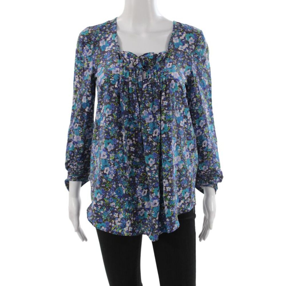 Rebecca Taylor Womens Blue Floral Silk Tunic Square Neck Long Sleeve Size 0